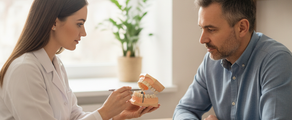 Dentist explaining dental implant options to patient in a bright dental office.