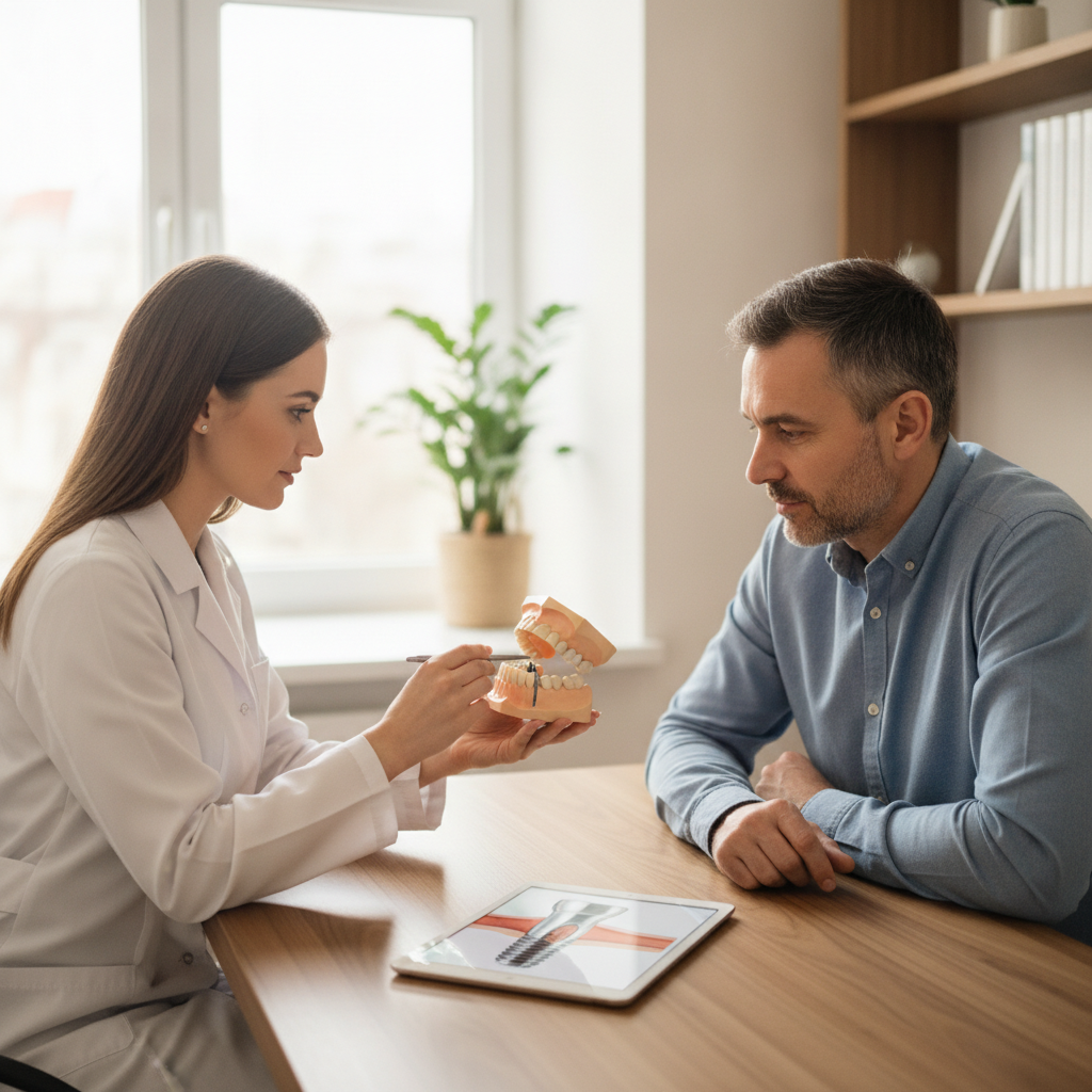 Dentist explaining dental implant options to patient in a bright dental office.