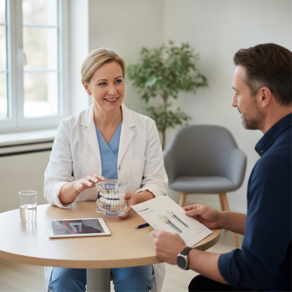 Dental consultation scene in a modern clinic for ceramic implants